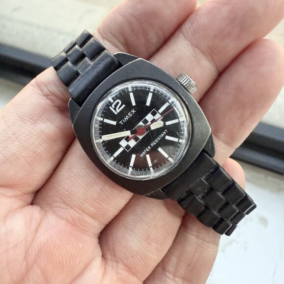 Vintage Timex Ladies Watch Rally Manual Wind Mechanical 25mm RUNNING Black White - Picture 1 of 8